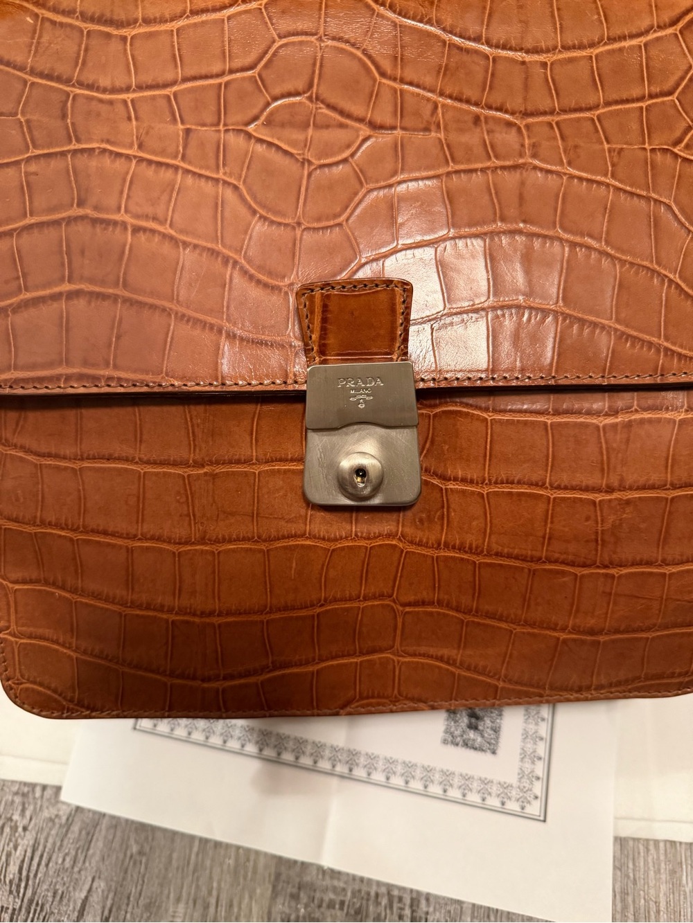 Prada Brown Croc-Embossed Top Handle with COA included cancer awareness bracelet - Picture 6 of 10